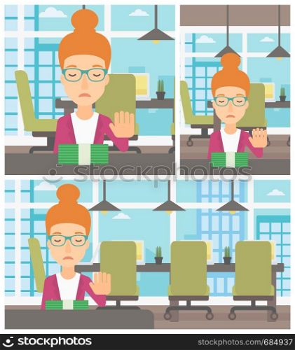 Young business woman sitting at the table in office and moving dollar bills away. Vector flat design illustration. Square, horizontal, vertical layouts.. Woman refusing bribe vector illustration.