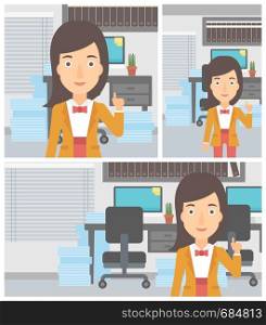 Young business woman standing in the office and pointing up with her forefinger. Business idea concept. Vector flat design illustration. Square, horizontal, vertical layouts.. Businesswoman having business idea.