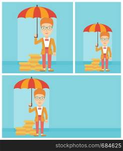 Young business woman standing in the rain and holding an umbrella over gold coins. Business insurance concept. Vector flat design illustration. Square, horizontal, vertical layouts.. Business woman with umbrella protecting money.