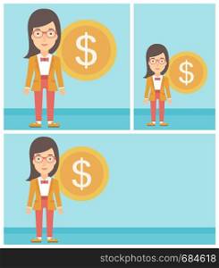 Young business woman standing with a big dollar coin behind her. Successful business concept. Vector flat design illustration. Square, horizontal, vertical layouts.. Successful business woman with dollar coin.