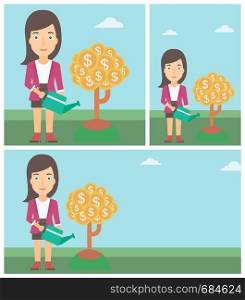 Young business woman watering a money tree. Successful business concept. Vector flat design illustration. Square, horizontal, vertical layouts.. Woman watering money tree vector illustration.