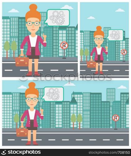 Young business woman with a briefcase pointing her forefinger at cogwheels on a city background. Vector flat design illustration. Square, horizontal, vertical layouts.. Business woman pointing at cogwheels.