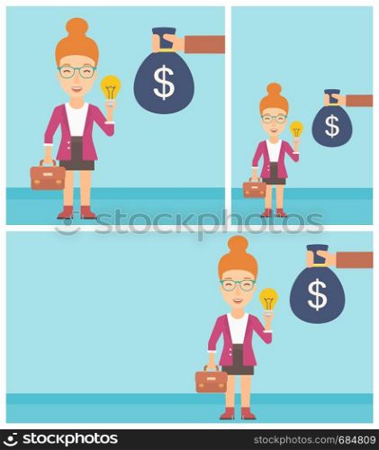 Young business woman with briefcase exchanging her idea bulb to money bag. Successful business idea concept. Vector flat design illustration. Square, horizontal, vertical layouts.. Successful business idea.