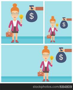 Young business woman with briefcase exchanging her idea bulb to money bag. Successful business idea concept. Vector flat design illustration. Square, horizontal, vertical layouts.. Successful business idea.