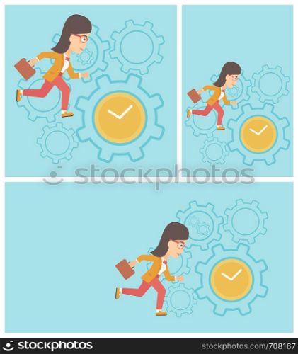 Young business woman with briefcase running on a blue background with clock and cogwheels. Vector flat design illustration. Square, horizontal, vertical layouts.. Business woman running vector illustration.