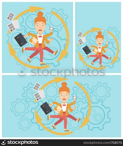 Young business woman with many legs and hands holding papers, briefcase, smartphone. Multitasking and productivity concept. Vector flat design illustration. Square, horizontal, vertical layouts.. Business woman coping with multitasking.