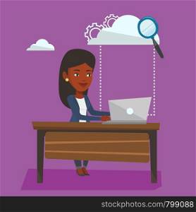 Young business woman working on laptop under cloud. An african-american business woman using cloud computing technologies. Cloud computing concept. Vector flat design illustration. Square layout.. Cloud computing technology vector illustration.