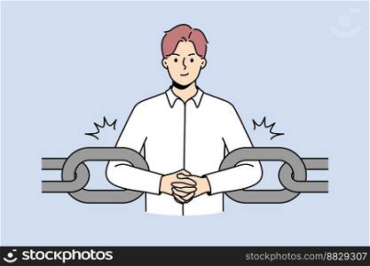 Young businessman as part of chain. Male employee or worker as link of chain at workplace. Engaged as business work element. Vector illustration. . Businessman as link of chain 