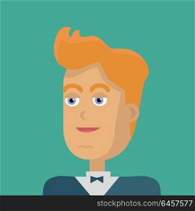 Young Businessman Avatar. Businessman avatar icon isolated on green background. Man with yellow hair in business suit and tie. Smiling young man personage. Flat design vector illustration