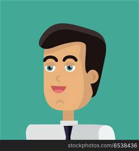 Young Businessman Avatar. Businessman avatar icon isolated on green background. Man with black hair in business suit and tie. Smiling young man personage. Flat design vector illustration