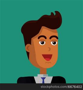 Young Businessman Avatar. Businessman avatar icon isolated on green background. Man with brown hair in business suit and tie. Smiling young man personage. Flat design vector illustration