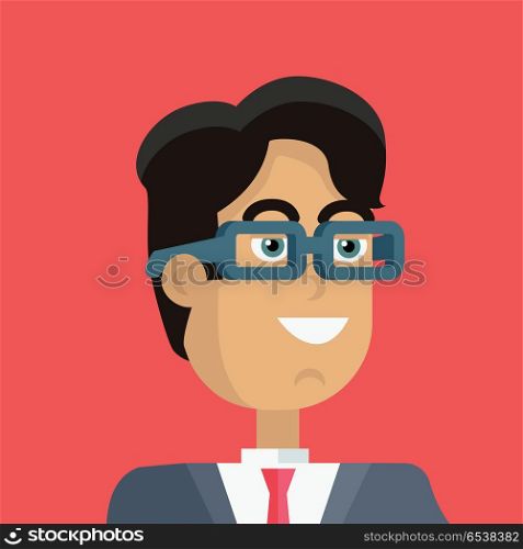 Young Businessman Avatar. Businessman avatar icon isolated on red background. Man in glasses with black hair in business suit and tie. Smiling young man personage. Flat design vector illustration