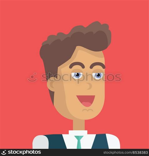 Young Businessman Avatar. Businessman avatar icon isolated on red background. Man with brown hair in business suit and tie. Smiling young man personage. Flat design vector illustration