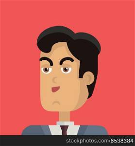 Young Businessman Avatar. Businessman avatar icon isolated on red background. Man with black hair in business suit and tie. Young man personage. Flat design vector illustration
