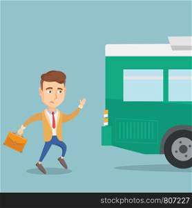 Young businessman chasing a bus. Caucasian businessman running for an outgoing bus. Latecomer businessman running to reach a bus. Vector flat design illustration. Square layout. Latecomer man running for the bus.