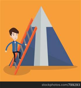 Young businessman climbing the ladder. Happy businessman climbing on mountain. Businessman climbing upward on the stairs to the top of a big arrow. Vector flat design illustration. Square layout.. Businessman climbing on mountain.