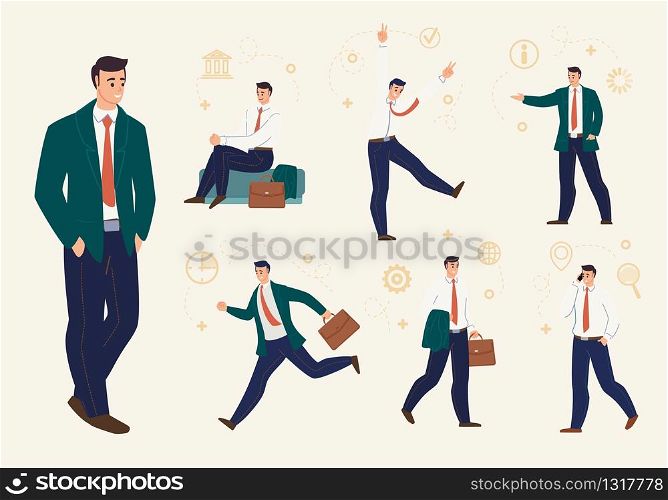 Young Businessman, Company Employee, Entrepreneur Character Waiting for Meeting, Late on Work, Walk with Briefcase and Jacket on Hand, Calling Partners Isolated, Trendy Flat Vector Illustrations Set