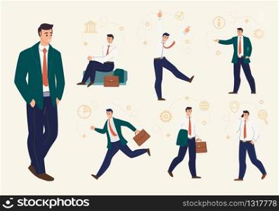 Young Businessman, Company Employee, Entrepreneur Character Waiting for Meeting, Late on Work, Walk with Briefcase and Jacket on Hand, Calling Partners Isolated, Trendy Flat Vector Illustrations Set