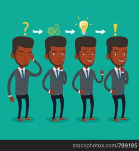 Young businessman during business planning. An african-american businessman working on a new business plan. Business planning concept. Vector flat design illustration. Square layout.. Businessman having idea vector illustration.