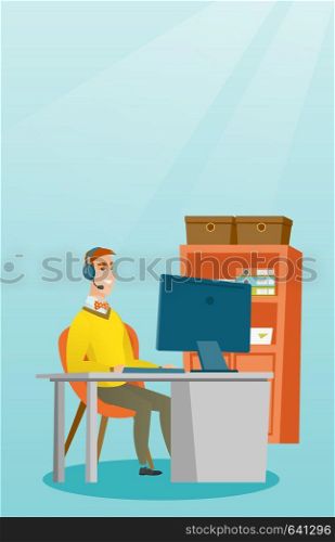 Young businessman during video conference in the office. Businessman with headset working on a computer in the office. Call center operator at work. Vector flat design illustration. Vertical layout.. Businessman with headset working at office.