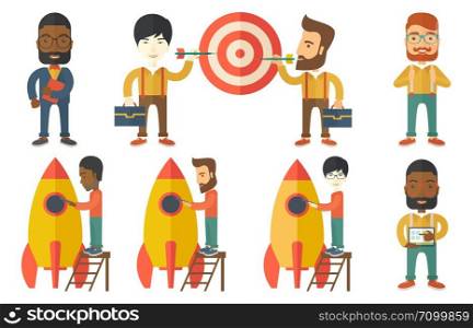 Young businessman engineering business start up rocket. Businessman working on new business start up. Business start up concept. Set of vector flat design illustrations isolated on white background.. Vector set of illustrations with business people.