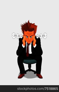 Young businessman exploding with anger and rage. Manager man with angry face and messy hair sitting on chair with hands at head. Young man exploding with anger and rage