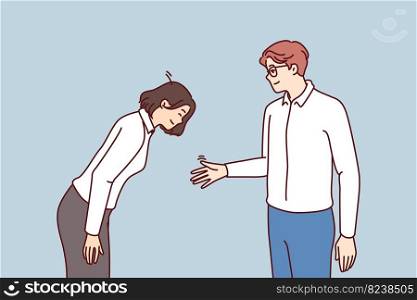 Young businessman extends hand to bowing woman as token of gratitude for job well done or good business offer. Asian girl in formal wear bow while greeting business partner or corporation boss . Young businessman extends hand to bowing woman as token of gratitude for job well done 