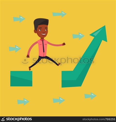 Young businessman facing with business obstacle. An african-american businessman coping with business obstacle successfully. Business obstacle concept. Vector flat design illustration. Square layout.. Businessman jumping over gap on arrow going up.