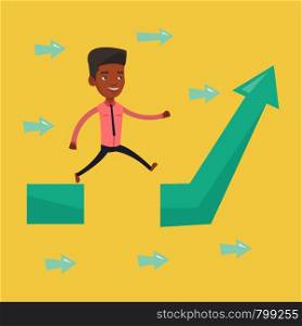Young businessman facing with business obstacle. An african-american businessman coping with business obstacle successfully. Business obstacle concept. Vector flat design illustration. Square layout.. Businessman jumping over gap on arrow going up.