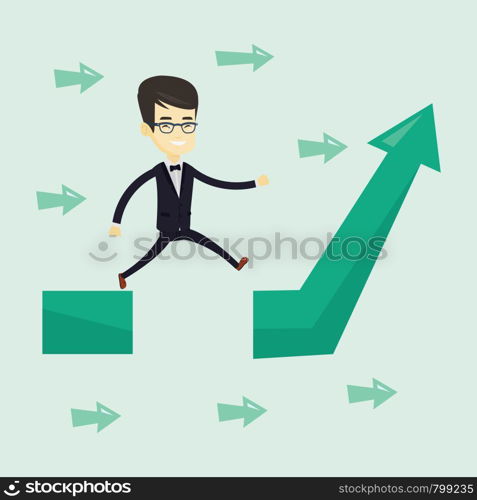 Young businessman facing with business obstacle. Asian successful businessman coping with business obstacle successfully. Business obstacle concept. Vector flat design illustration. Square layout.. Business man jumping over gap on arrow going up.