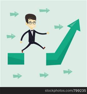 Young businessman facing with business obstacle. Asian successful businessman coping with business obstacle successfully. Business obstacle concept. Vector flat design illustration. Square layout.. Business man jumping over gap on arrow going up.