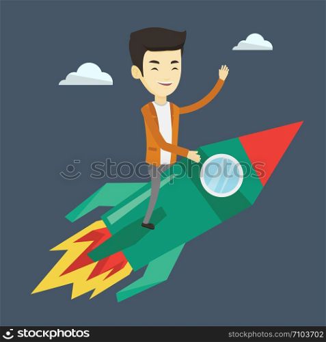 Young businessman flying on business start up rocket. Asian business man sitting on business start up rocket and waving. Business start up concept. Vector flat design illustration. Square layout.. Business start up vector illustration.