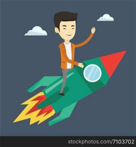Young businessman flying on business start up rocket. Asian business man sitting on business start up rocket and waving. Business start up concept. Vector flat design illustration. Square layout.. Business start up vector illustration.