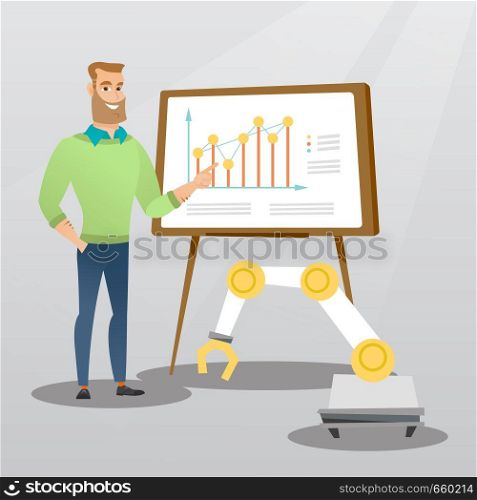 Young businessman giving presentation on the theme of robotic technology usage. Businessman and robotic arm standing on the background of board with charts. Vector cartoon illustration. Square layout.. Businessman and robot giving business presentation