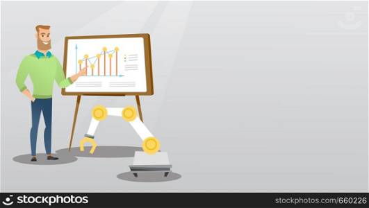 Young businessman giving presentation on theme of robotic technology usage. Businessman and robotic arm standing on the background of board with charts. Vector cartoon illustration. Horizontal layout.. Businessman and robot giving business presentation