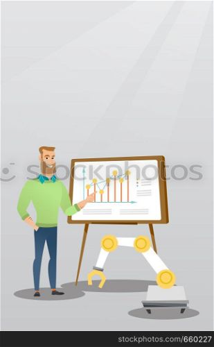 Young businessman giving presentation on theme of robotic technology usage. Businessman and robotic arm standing on the background of board with charts. Vector cartoon illustration. Vertical layout.. Businessman and robot giving business presentation