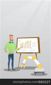 Young businessman giving presentation on theme of robotic technology usage. Businessman and robotic arm standing on the background of board with charts. Vector cartoon illustration. Vertical layout.. Businessman and robot giving business presentation