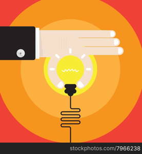 Young businessman hand with creative light bulb sign and business idea concept,business design elements. Flat Design Vector illustration