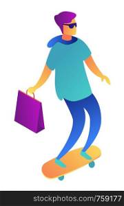Young businessman holding shopping bag and riding skateboard isometric 3D illustration. Male shopper and employee skateboarding, teenager and manager hurrying concept. Isolated on white background.. Young businessman with shopping bag on skateboard isometric 3D illustration.