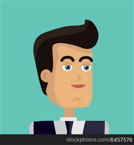 Young Businessman Icon.. Businessman avatar icon isolated on green background. Man with black hair in business suit and tie. Smiling young man personage. Flat design vector illustration