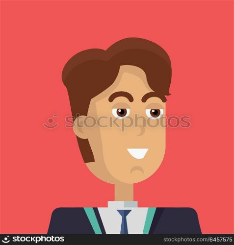 Young Businessman Icon.. Businessman avatar icon isolated on red background. Man with brown hair in business suit and tie. Smiling young man personage. Flat design vector illustration
