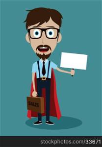 Young businessman in flat style superhero. Young businessman in flat style cartoon superhero briefcase with blank sign