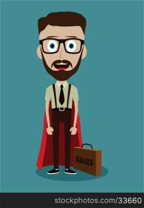 Young businessman in flat style superhero. Young businessman in flat style cartoon superhero with briefcase