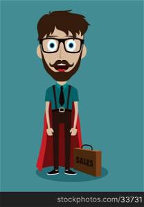 Young businessman in flat style superhero. Young businessman in flat style cartoon superhero with briefcase