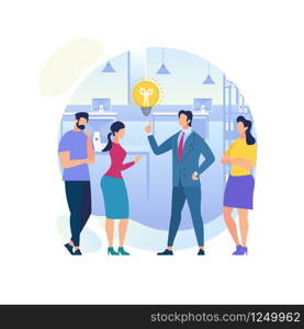 Young Businessman in Formal Suit Pointing on Illuminated Light Bulb, People Stand Around on Office Background Isolated on White. Good Idea, Innovation and Inspiration. Cartoon Flat Vector Illustration. Businessman Have Idea, Innovation and Inspiration.