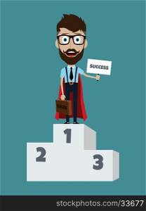 Young businessman in podium flat style superhero. Young businessman in podium flat style cartoon superhero success sign