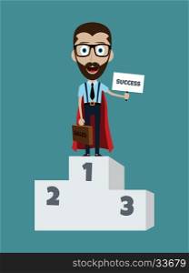 Young businessman in podium flat style superhero. Young businessman in podium flat style cartoon superhero success sign