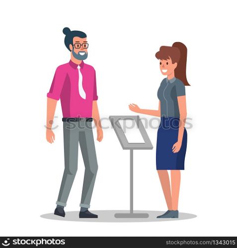 Young Businessman in Reception. Girl Receptionist Check Guest Registration and Reservation. Traveler Guy Smile with Hostel Appartment Administrator Lady. Flat Vector Cartoon Illustration.. Young Businessman in Reception Flat Vector Cartoon