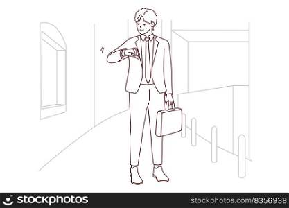 Young businessman in suit look at watch checking time. Male employee or worker think of meeting deadline or missing appointment. Time management. Vector illustration. . Businessman check time on clock