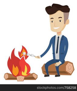 Young businessman in suit sitting near campfire. Caucasian man roasting marshmallow over campfire. Businessman relaxing near campfire. Vector flat design illustration isolated on white background.. Businessman roasting marshmallow over campfire.